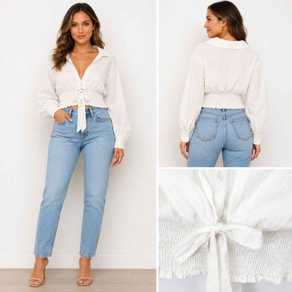 Coastal Chic White Tie Front Smocked Crop Blouse Long Sleeve Women L Cottagecore